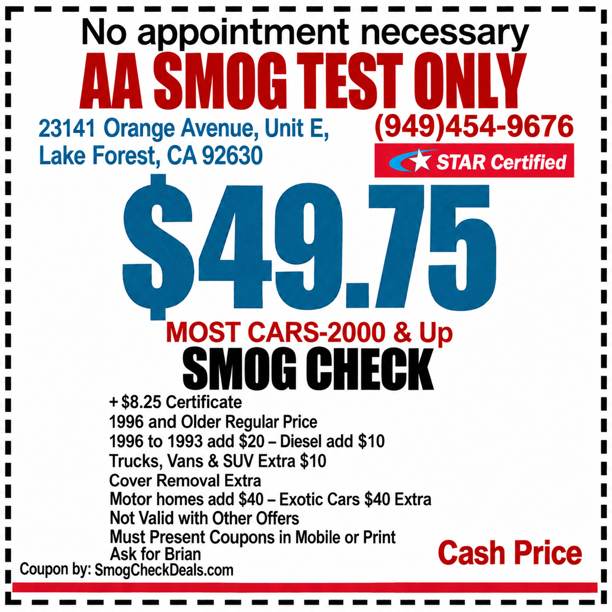 $49.75 smog check coupon — AA Smog Test Only, Lake Forest